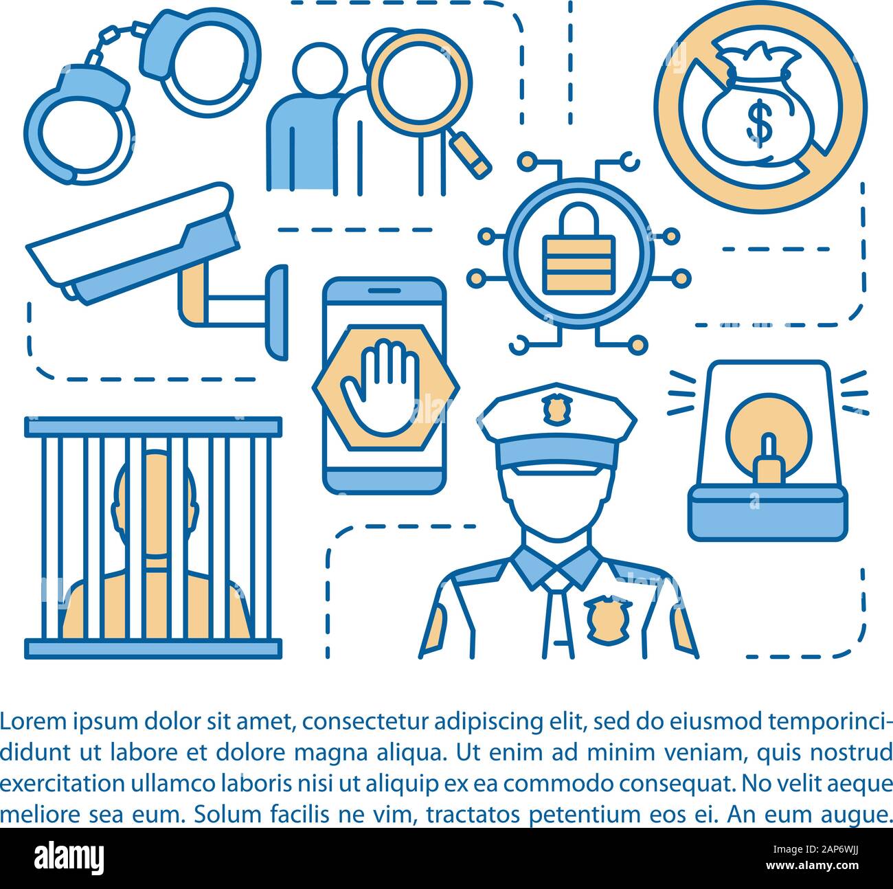 Scam Prävention Artikel Seite vektor Vorlage. Schutz vor Betrug Broschüre, Zeitschrift, Broschüre Design Element mit linearen Symbolen. Illegale Aktionen prohibiti Stock Vektor