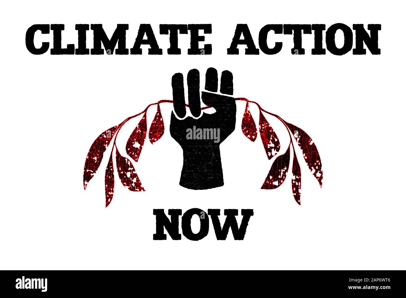 Hochgezogene geklaute Faust, die brennende Blätter hält, Klimaschutz jetzt Text. Stockfoto