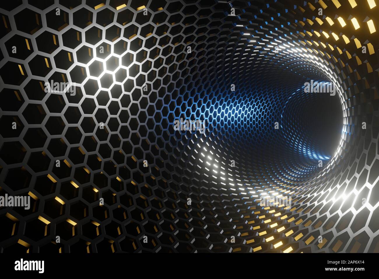 Hintergrund abstrakter Raumtunnel aus einem Muster von Eisenhexagonen in den Lichtstrahlen von Planeten, ein Leerzeichen für ein Banner. Fotorealistisches 3D-Rendering. Stockfoto