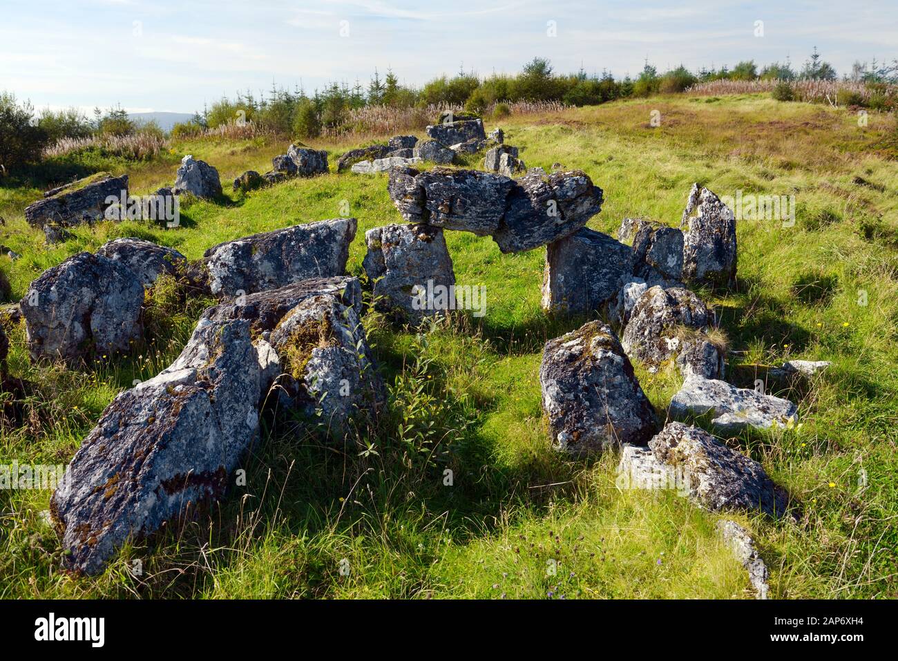 Deerpark Court Tomb neolithische Grabstätte alias Magherahanrush. Co. Sligo, Irland. W. von N. aus betrachtet, zwei Grabkammern in den zentralen Hof. 5000 Jahre Stockfoto