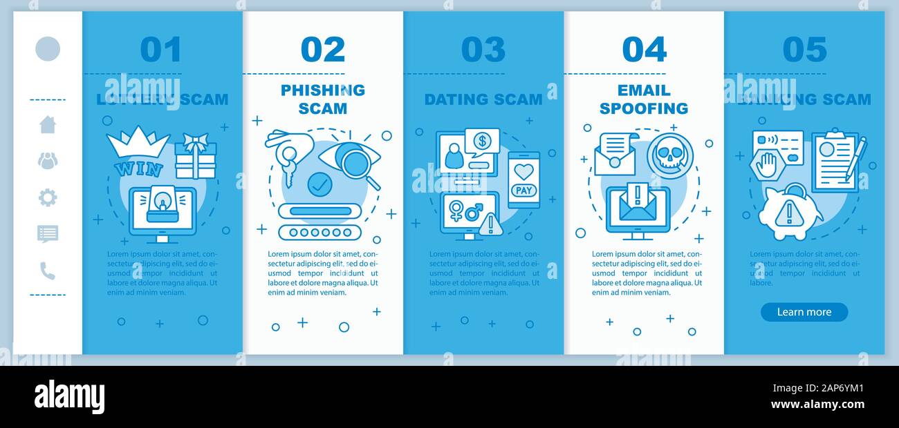 Scam Arten Onboarding mobile web Seiten vektor Vorlage. Reaktionsschnelle smartphone website Schnittstelle Idee mit linearen Abbildungen. Lotterie, Phishingbetrug Stock Vektor