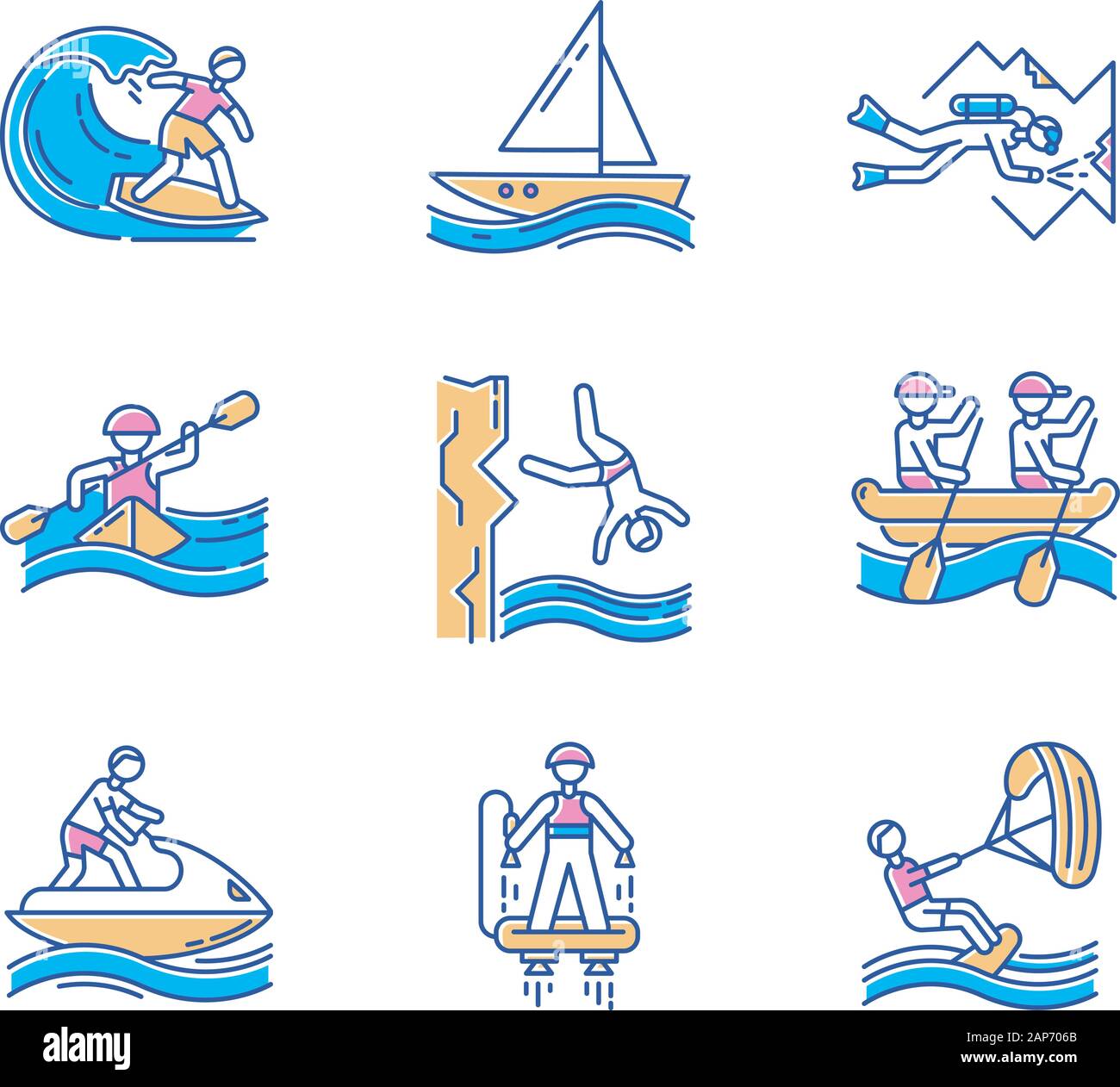Wassersport Farbe Symbole gesetzt. Höhle tauchen, surfen, flyboarding und Segeln. Cliff Diving, Kajakfahren und Windsurfen. Extreme Sportarten. Im Sommer werden. Stock Vektor