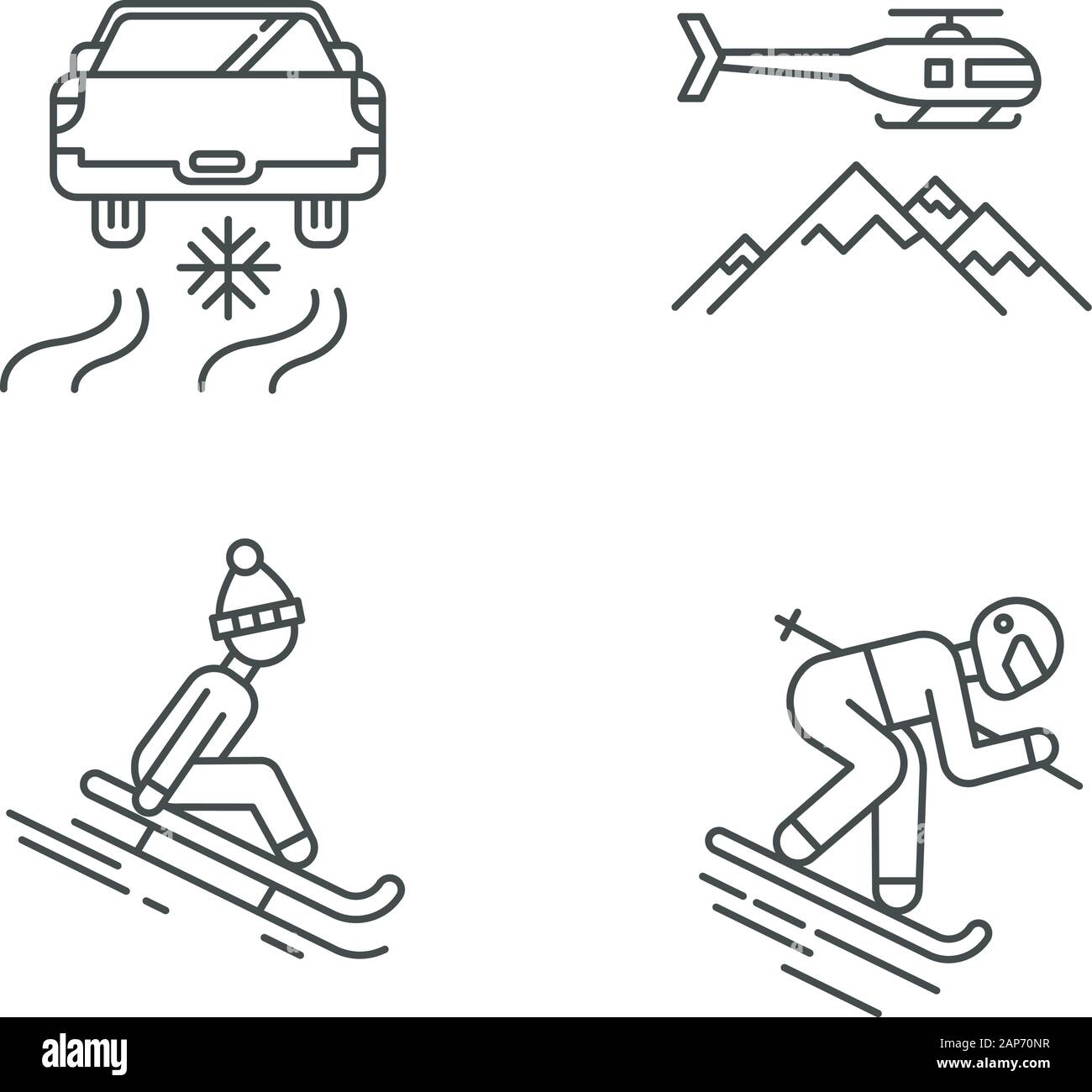 Extreme winter Aktivität lineare Symbole gesetzt. Kalten Jahreszeit Outdoor Freizeit und Erholung. Eis fahren, rodeln. Thin Line Kontur Symbole. Isolierte vecto Stock Vektor