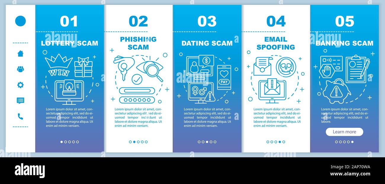 Scam Arten Onboarding mobile web Seiten vektor Vorlage. Reaktionsschnelle smartphone website Schnittstelle Idee mit linearen Abbildungen. Dating, Banken betrug. Stock Vektor