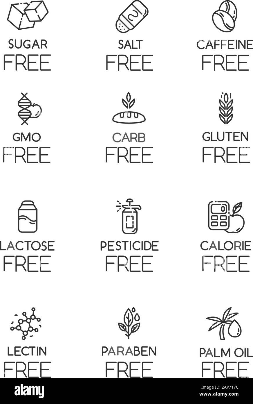 Produkt frei Zutat lineare Symbole gesetzt. Keine lectine, Propylparaben, GVO, Gluten. Wenig Kalorien. Diätetische ohne Allergene. Thin Line Kontur Symbole. Isolat Stock Vektor