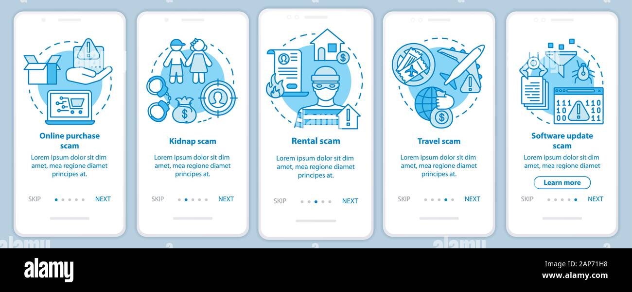 Scam Arten Onboarding mobile App Seite Bildschirm mit linearen Konzepten. Online Kauf und Miete betrug. Fünf exemplarische Vorgehensweise Schritte grafische Anweisungen. UX, Stock Vektor