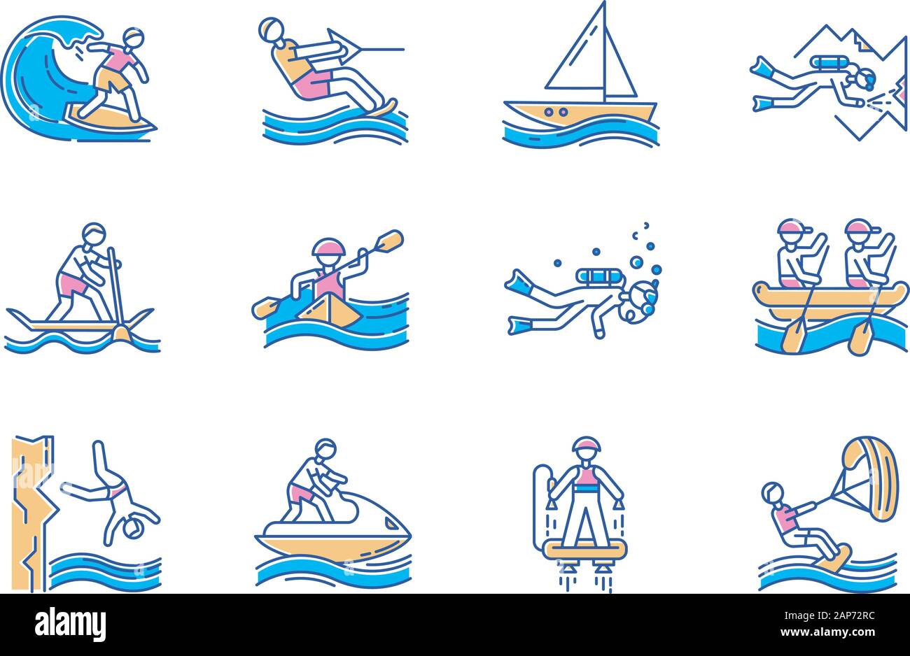 Wassersport Farbe Symbole gesetzt. Höhlentauchen, Kiteboarding, flyboarding und Jet Ski. Klippe springen und Paddle Surfen. Wasserfahrzeuge und extremen Arten von Stock Vektor