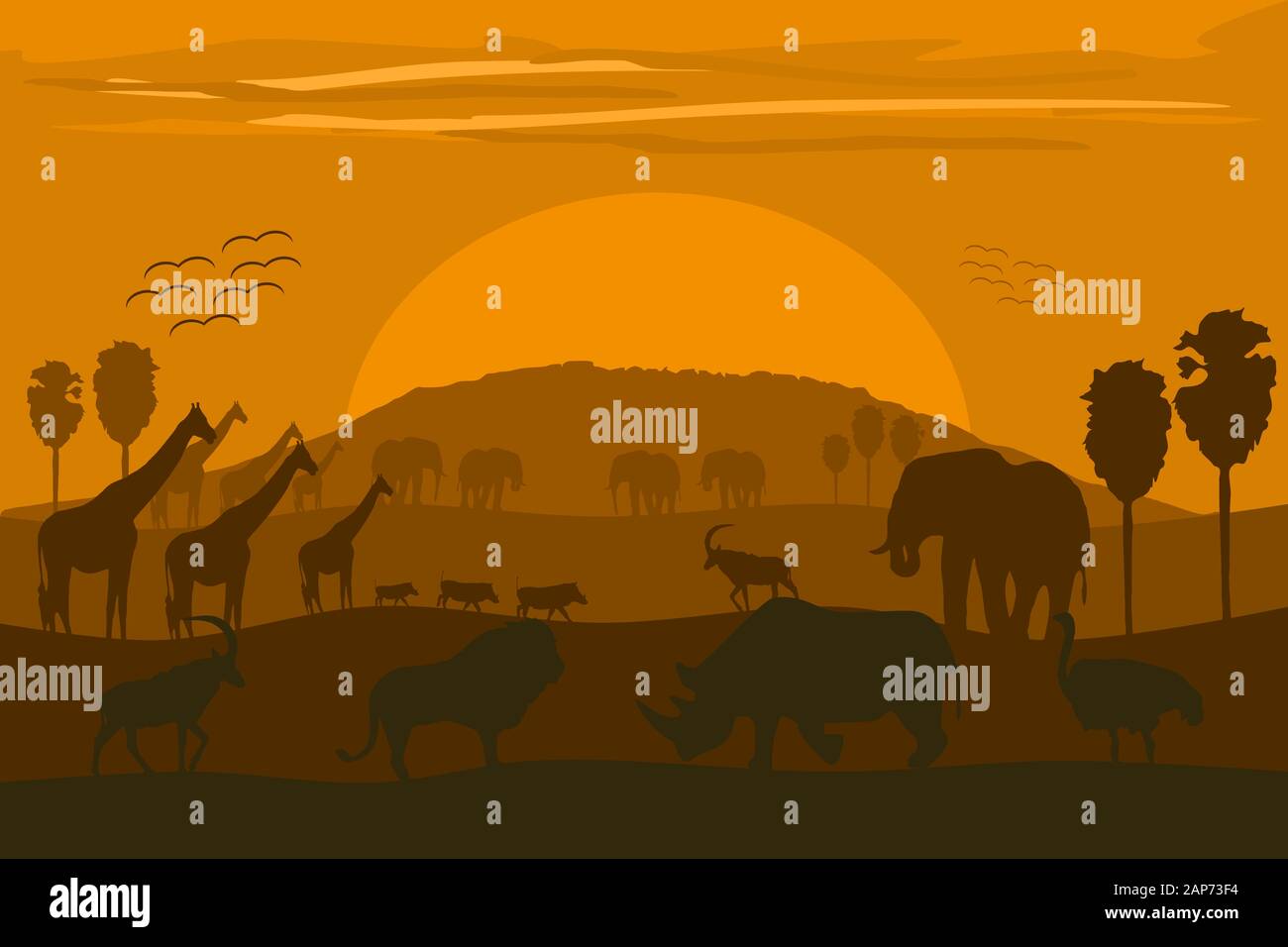 Vektorgrafiken Klassische Afrikanische Landschaft Mit Wilden Tieren Und Kilimandscharo Stock Vektorgrafik Alamy