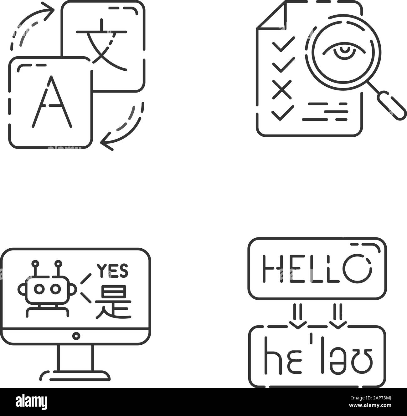 Machine Translation Services lineare Symbole gesetzt. Online Übersetzung. Mehrsprachige chatbot. Transkription, Korrekturlesen. Thin Line Kontur Symbole. Isola Stock Vektor