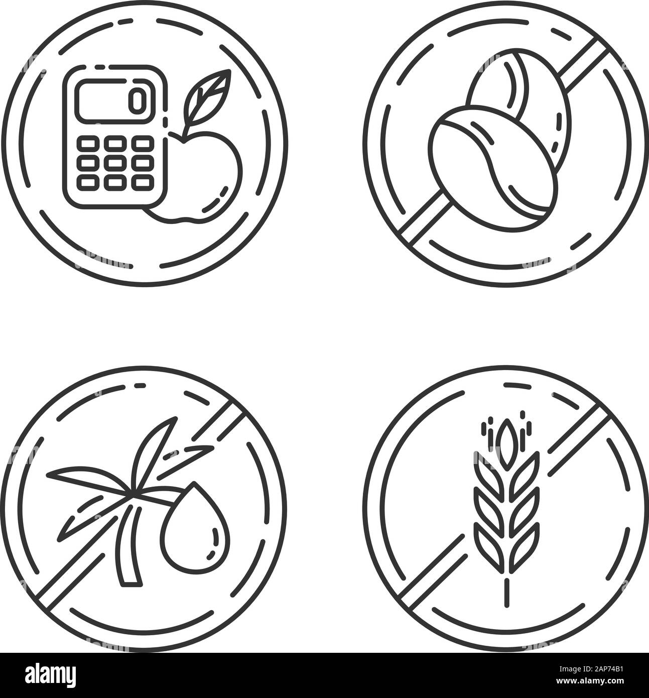 Produkt frei Zutat lineare Symbole gesetzt. Keine Kalorien, Koffein, Palmöl, Gluten. Bio Lebensmittel zur Gewichtsreduktion. Thin Line Kontur Symbole. Isolierte v Stock Vektor