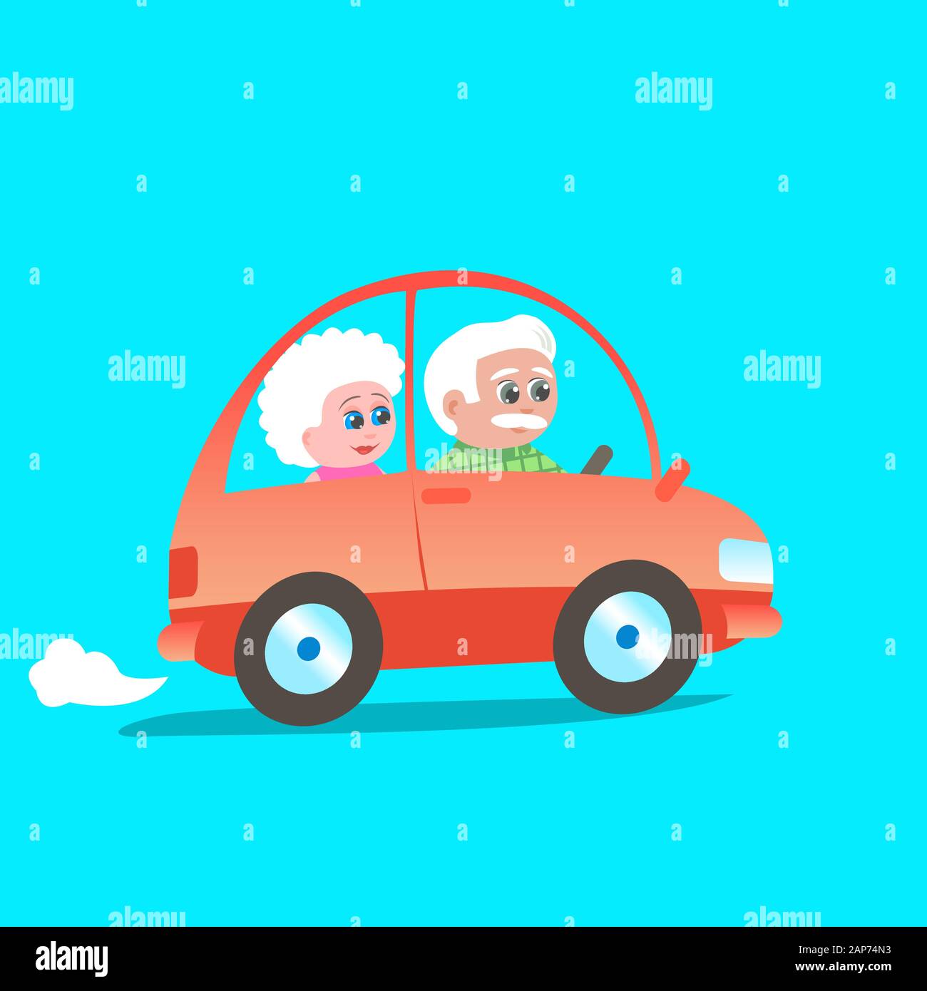 Cartoon Großvater und Großmutter Fahrt einen roten Pkw. Gute Laune und