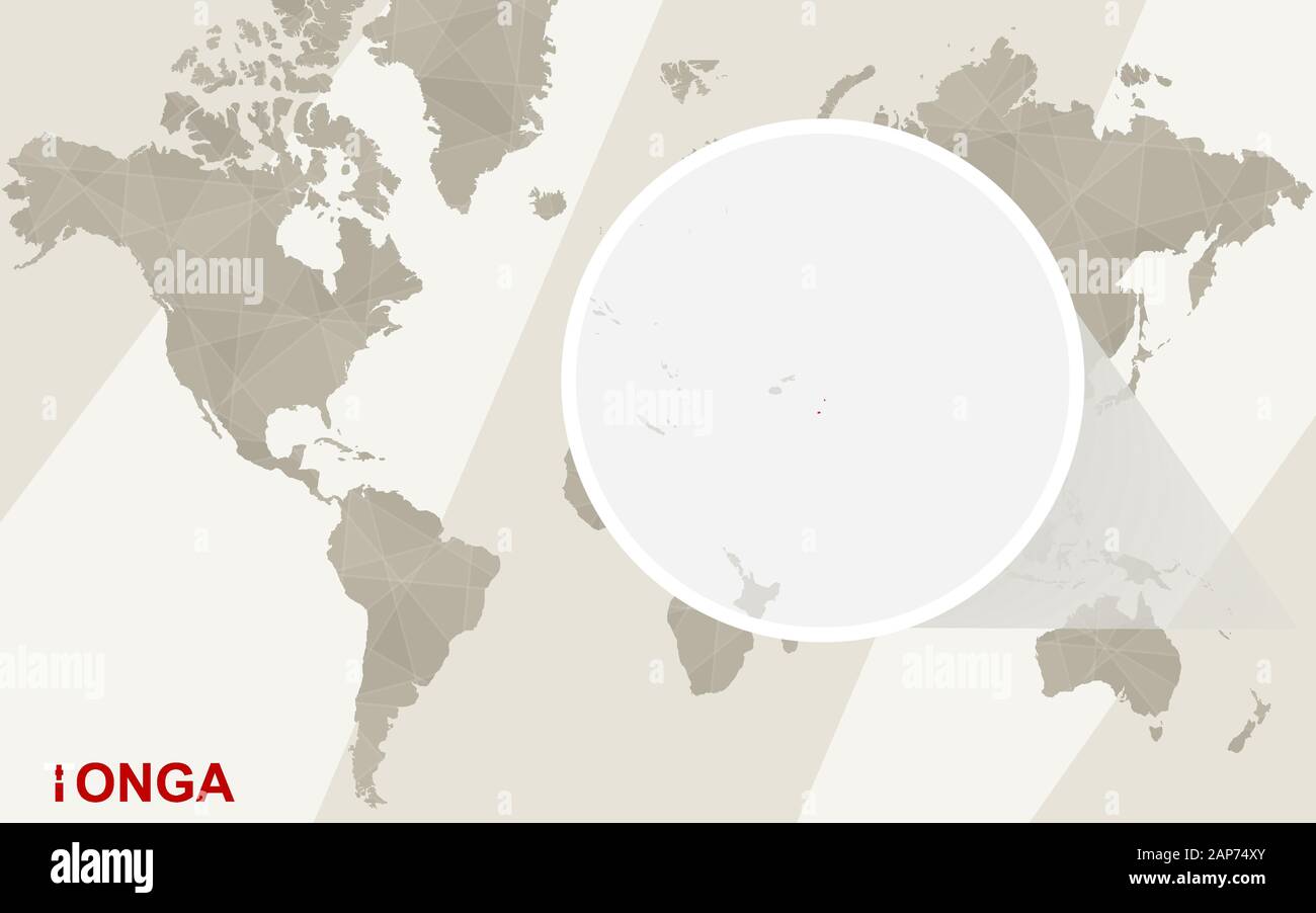 Zoom auf Tonga Karte und Flagge. Weltkarte. Stock Vektor