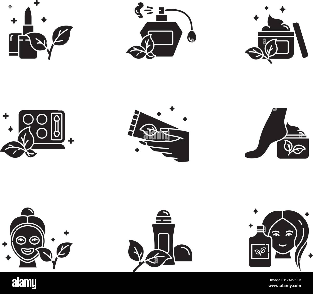 Biokosmetik Glyphe Symbole gesetzt. Lippenstift. Parfüm, Duft. Hautpflege Creme. Lidschatten Kit. Gesichtsmaske. Shampoo. Deodorant. Natürliche Produkte. Sil Stock Vektor