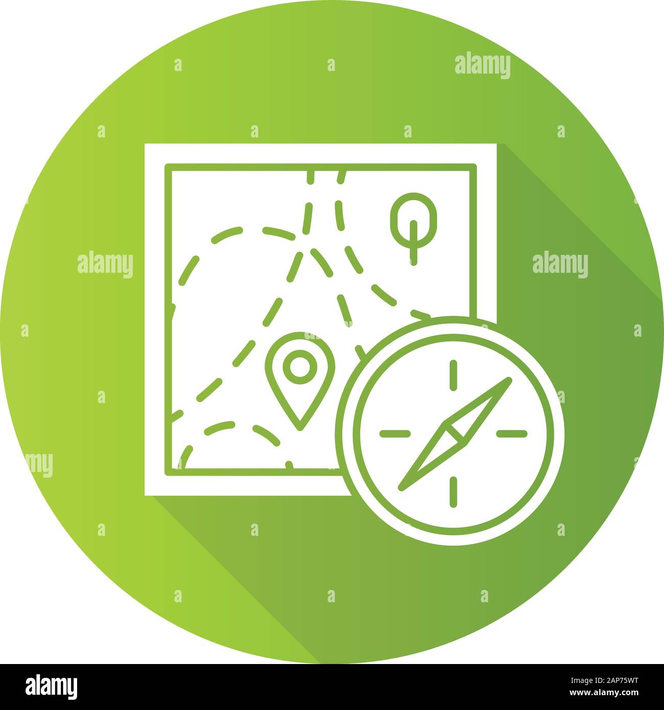 Fuß-ol-grünen, flachen Design lange Schatten glyph Icon. Topographische Karte und Kompass. Navigation in unbekanntem Terrain. Navigation Ausrüstung. Hik Stock Vektor