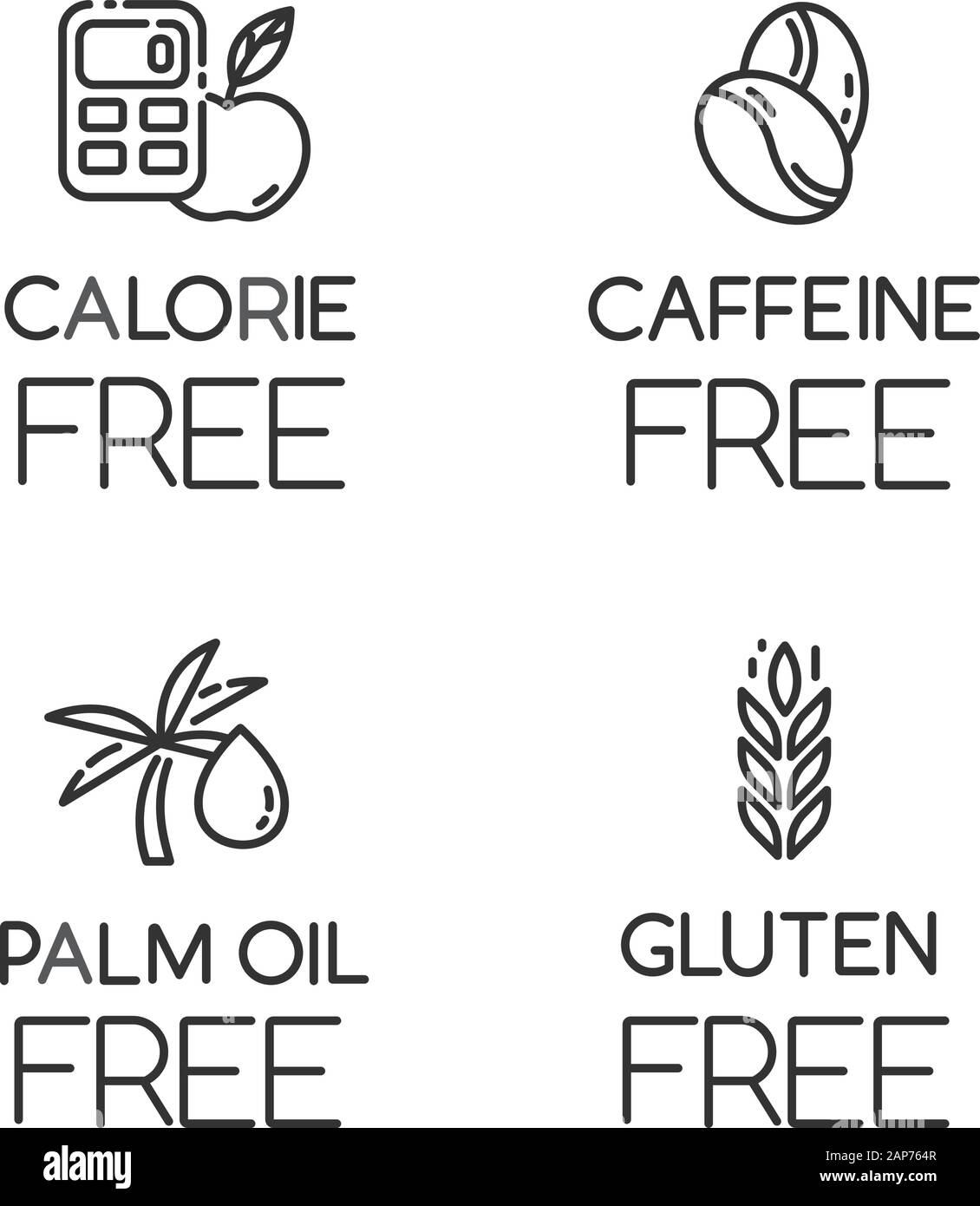 Produkt frei Zutat lineare Symbole gesetzt. Keine Kalorien, Koffein, Palmöl, Gluten. Ökologische Lebensmittel. Wenig Kalorien Mahlzeiten. Thin Line Kontur Symbole. Isolat Stock Vektor