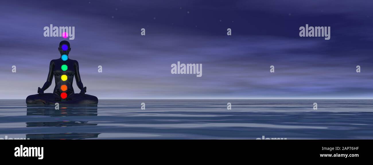 Frau meditiert und chakra Farben bei Nacht - 3D Rendern Stockfoto