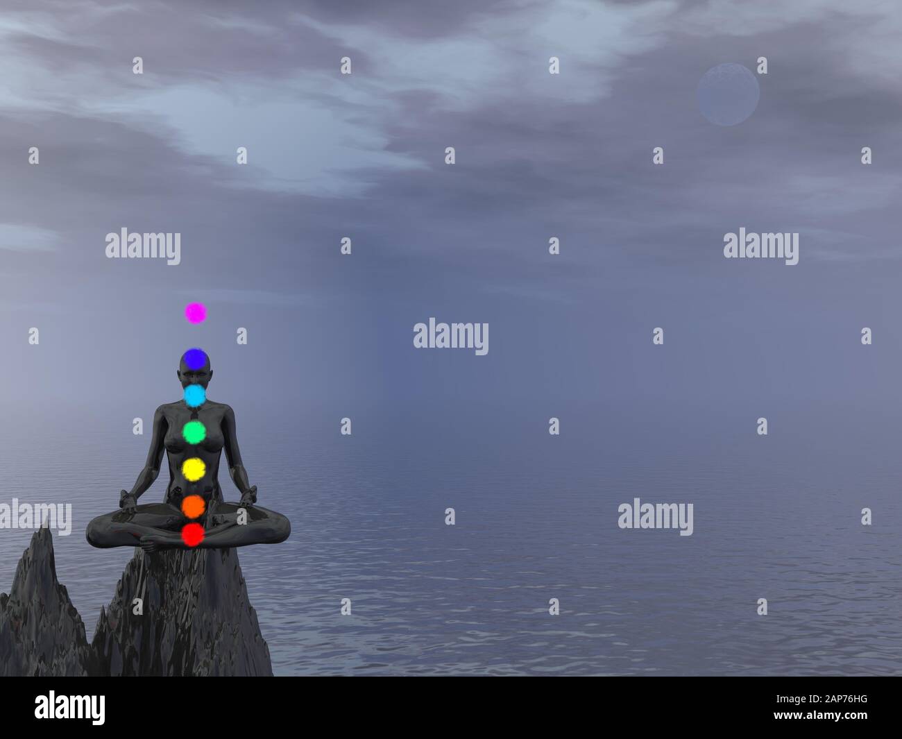 Frau meditiert und chakra Farben bei Nacht - 3D Rendern Stockfoto