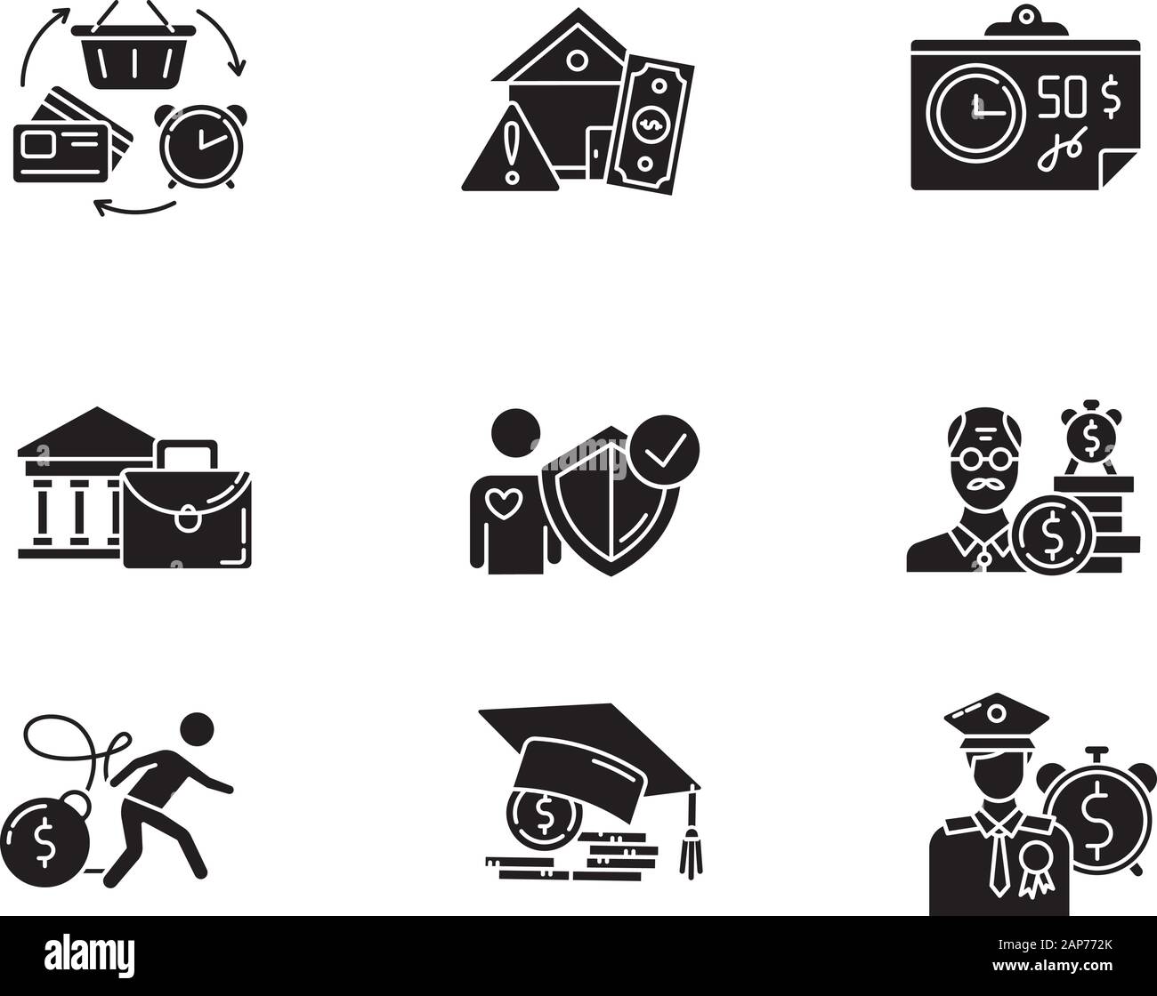 Kredit Glyphe Symbole gesetzt. Anleihen aus dem Abgang. Kursteilnehmeranleiheschuld. Die Zahlung für die Hochschulbildung. Revolving Credit. Schwere Kreditkarte Risiko. Silho Stock Vektor