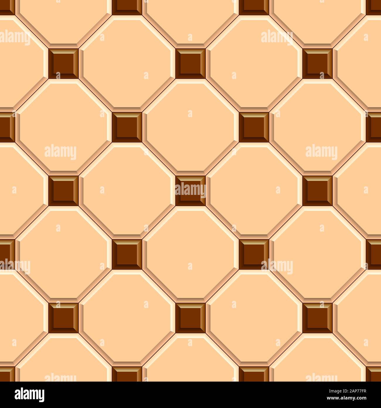 Nahtlose Textur von beigefarbenen Rhombus-Bodenfliesen mit braunen quadratischen Punkten. 3D-wiederholtes Muster von Keramikpflaster Stockfoto