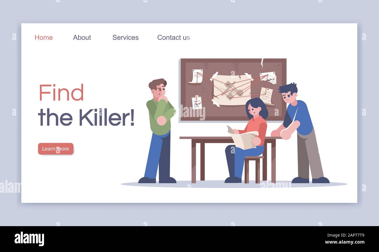 Finden killer landing page Vektor Vorlage. Kriminelle Suche Zimmer website Schnittstelle Idee mit Illustrationen. Untersucht Mord homepage Layout. Lo Stock Vektor