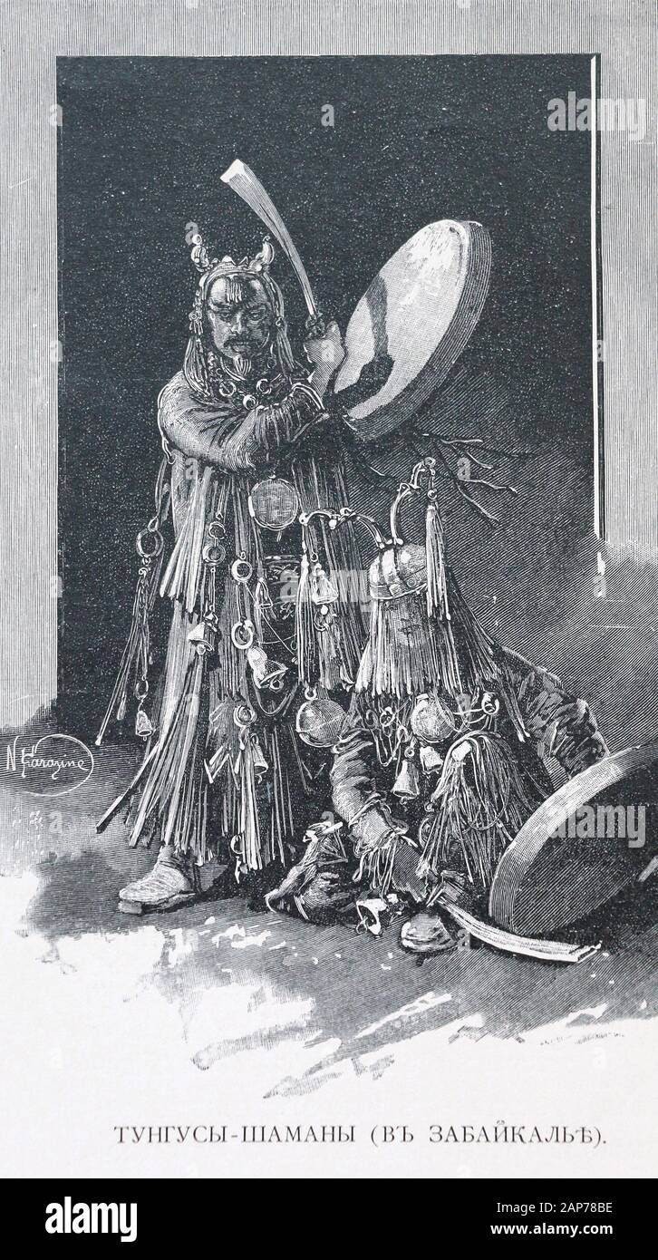 Tungus-Schamanen in Transbaikalien. Gravur des 19. Jahrhunderts. Stockfoto