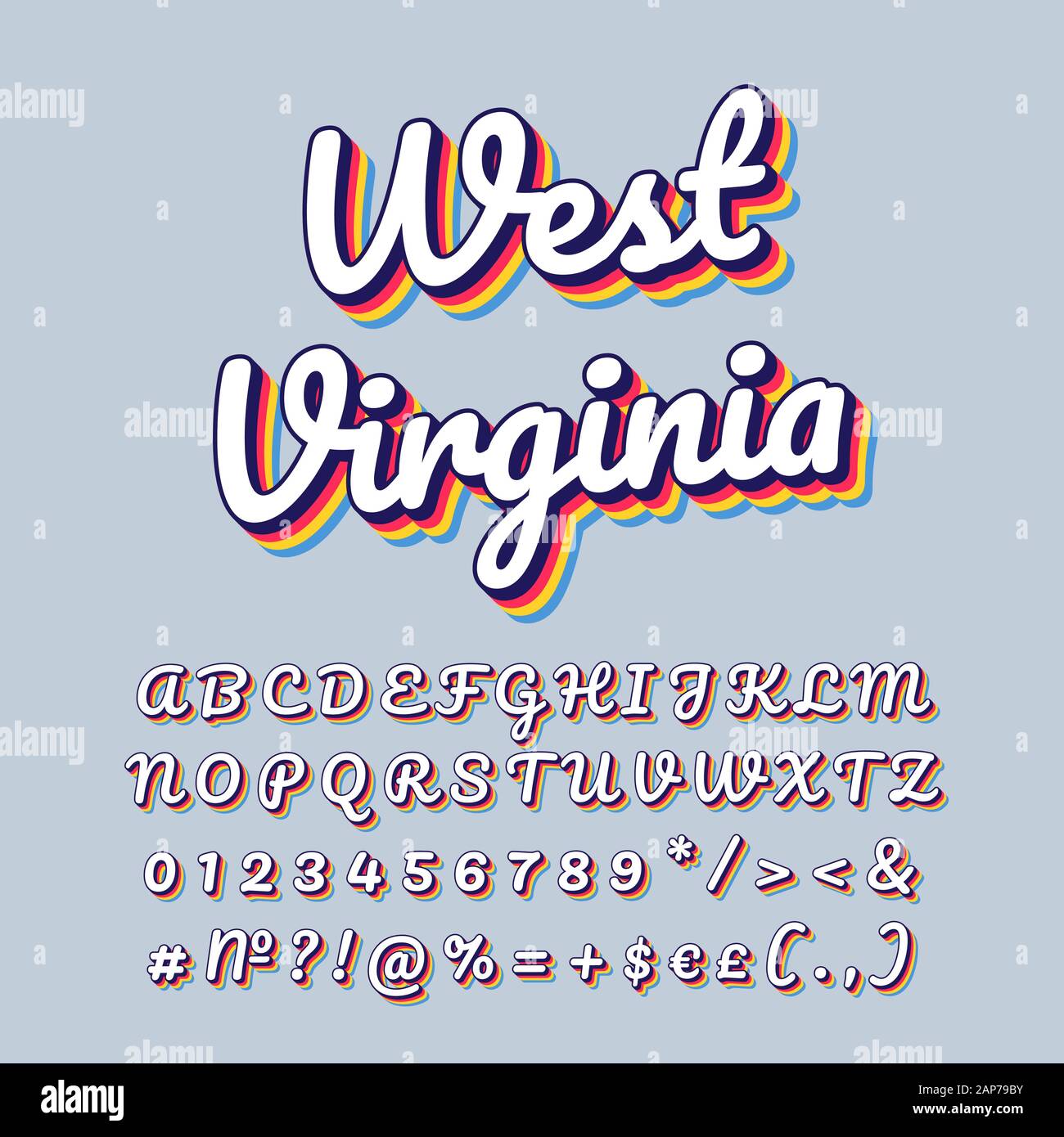 West Virginia vintage 3d Vektor Schriftzug. Retro bold Font, Schrift. Pop Art stilisierten Text. Old School Style Buchstaben, Zahlen, Symbolen pack. 90 s Poste Stock Vektor