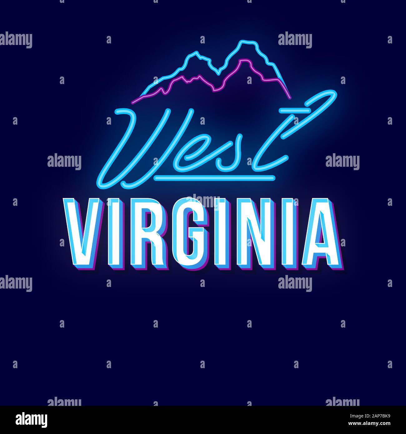 West Virginia vintage 3d Vektor Schriftzug. Retro bold Font, Schrift. Pop Art stilisierten Text. Old School Style Neonlicht Buchstaben. 90 s Poster, Banner, Stock Vektor