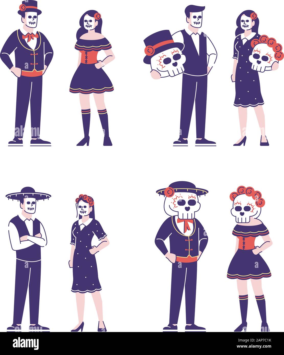 Menschen Tragen Zucker Scull Gesicht Und Kostume Flachbild Vektorgrafiken Mexikanischen Tag Der Toten Feier Outfits Masquerade Zeichentrickfiguren Wit Stock Vektorgrafik Alamy
