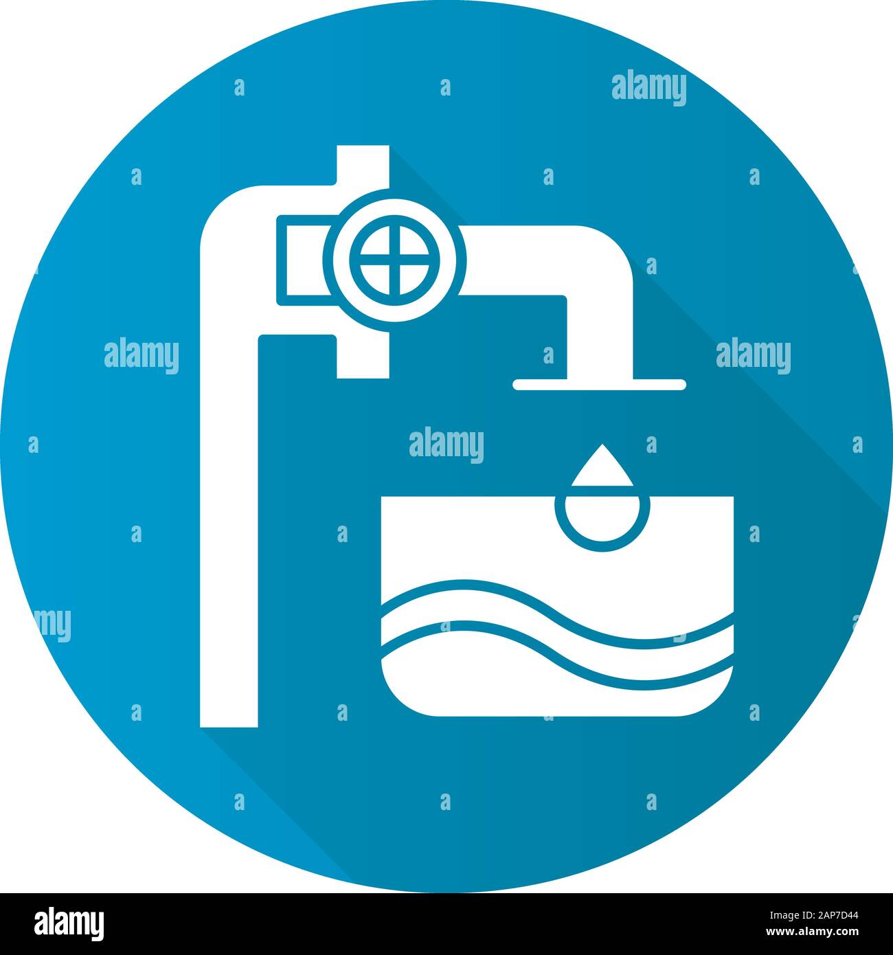 Wasserwirtschaft Blaue flache Bauweise lange Schatten glyph Icon. Blaue klare Flüssigkeit in Behälter. Rohre und Ventile. Wasserbau. Die getränkeherstellung Servi Stock Vektor