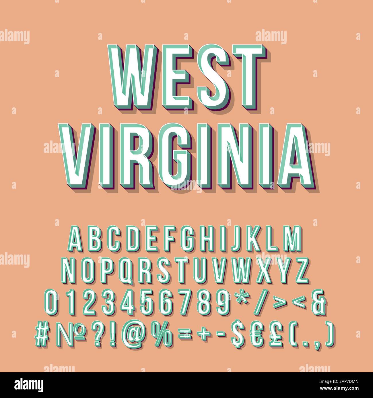 West Virginia vintage 3d Vektor Schriftzug. Retro bold Font, Schrift. Pop Art stilisierten Text. Old School Style Buchstaben, Zahlen, Symbolen pack. 90 s, 80 s Stock Vektor