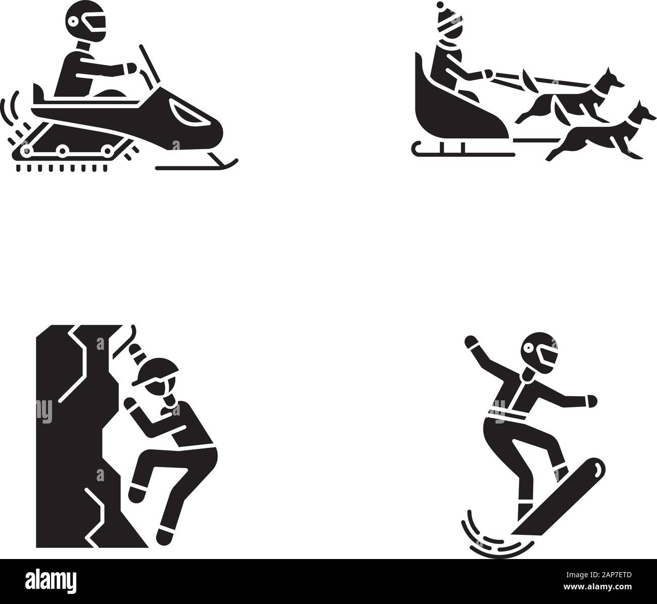 Extreme winter Aktivität Glyphe Symbole gesetzt. Riskant, Sport, Abenteuer. Kalten Jahreszeit Outdoor Freizeitaktivitäten. Snowboarden, Eisklettern, snowmobiling und Hund sleddin Stock Vektor