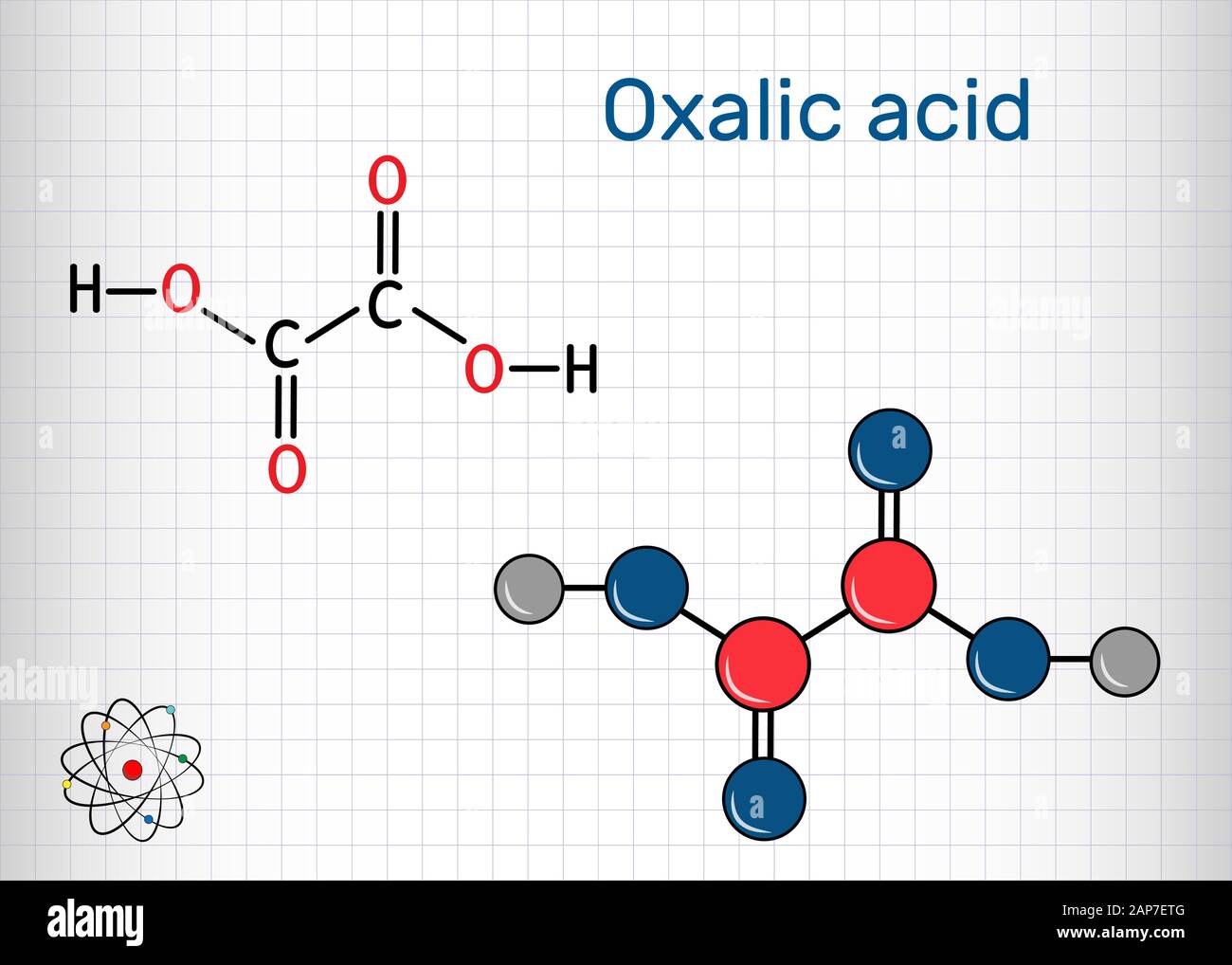 Oxalsäure C2H2O4-Molekül. Es ist Dicarbonsäure. Strukturelle chemische Formel und Molekül-Modell. Blatt Papier in einem Käfig. Vector Illustration Stock Vektor
