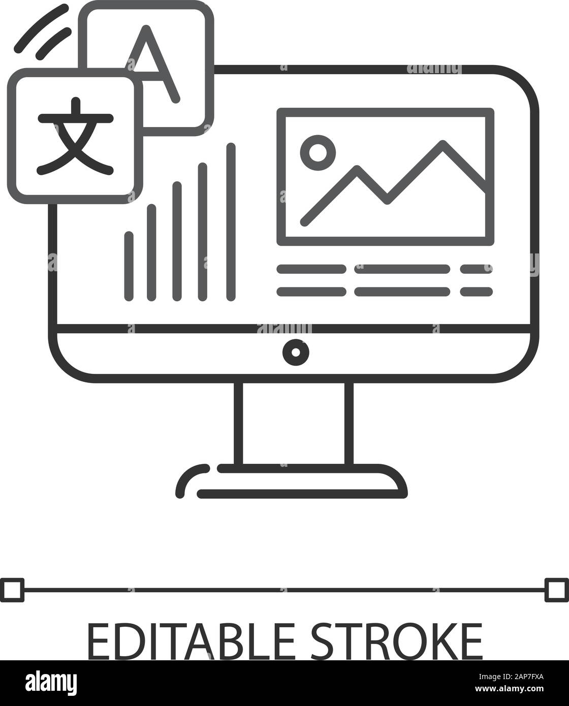 Website Lokalisierung, DTP-Dienstleistungen lineare Symbol. Übersetzung von Webseiten. Editieren von Text, Rechtschreibung Korrektur. Dünne Linie Abbildung. Kontur Symbol. Vektor Stock Vektor