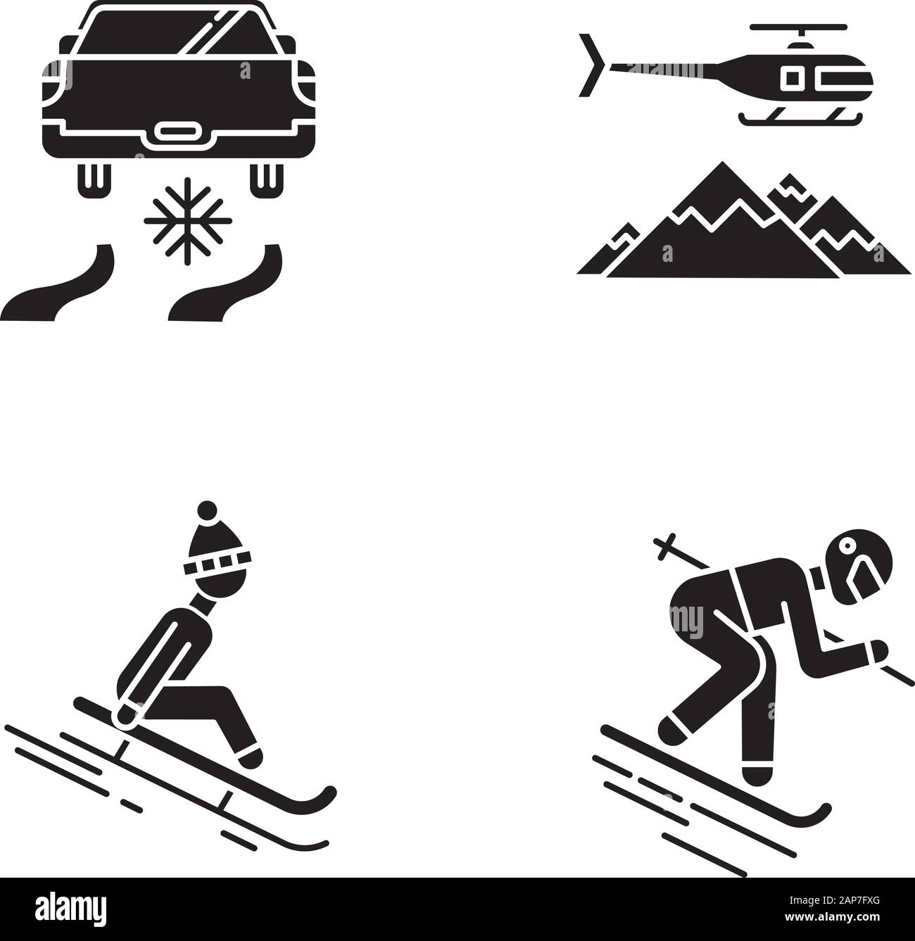 Extreme winter Aktivität Glyphe Symbole gesetzt. Riskante sport Hobby, Abenteuer. Kalten Jahreszeit Outdoor Freizeit und Erholung. Eis fahren, rodeln. Silhouette s Stock Vektor