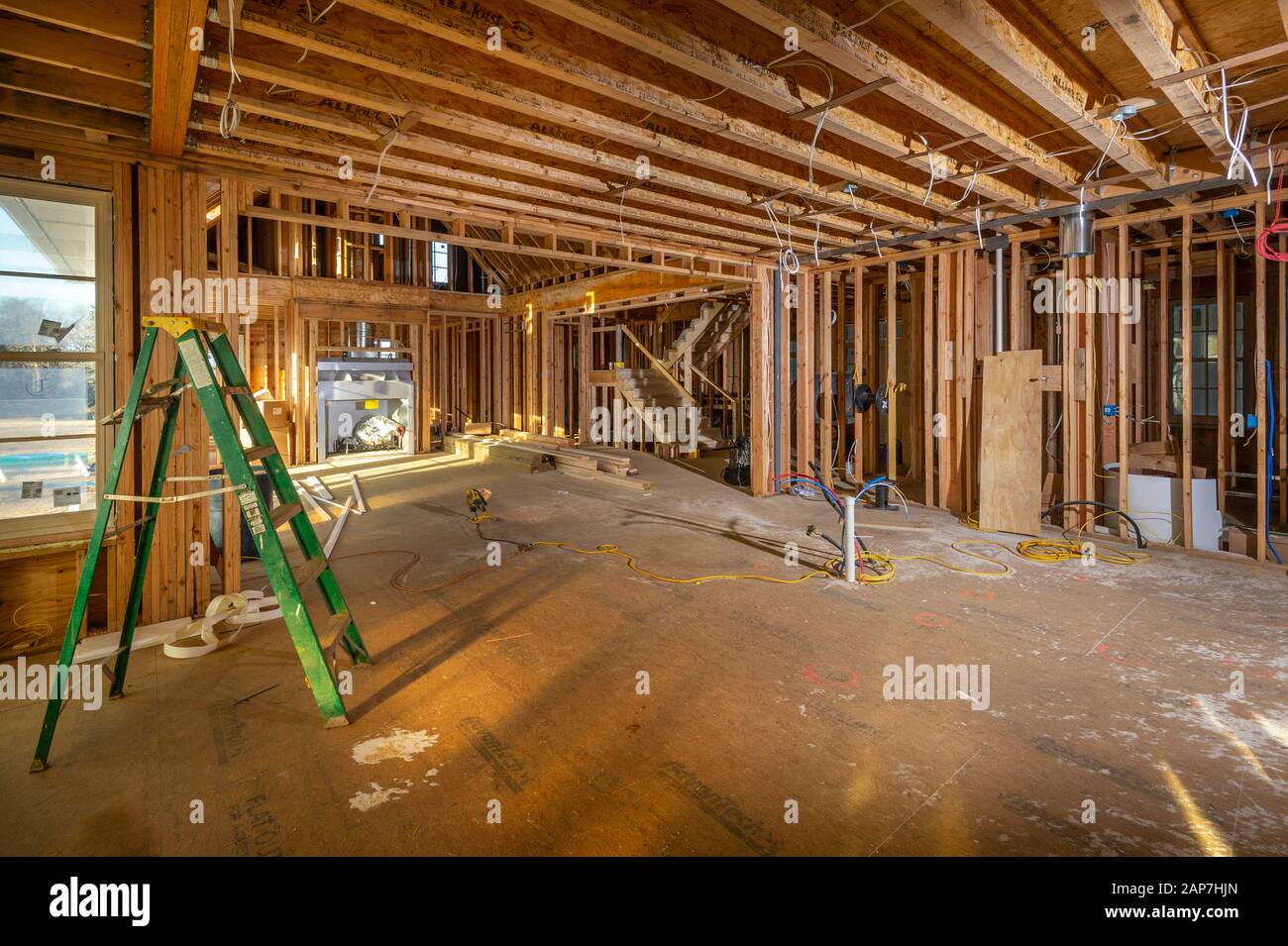 Holzeinfassung Interior Von Residential House Construction, USA Stockfoto