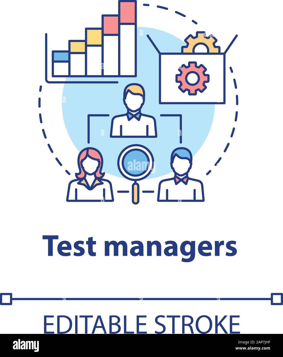 Test Manager Konzept Symbol. Software Entwicklung Idee dünne Linie Abbildung. App Programmierung. System auf Funktion prüfen. IT-Projektmanagement. Vect Stock Vektor