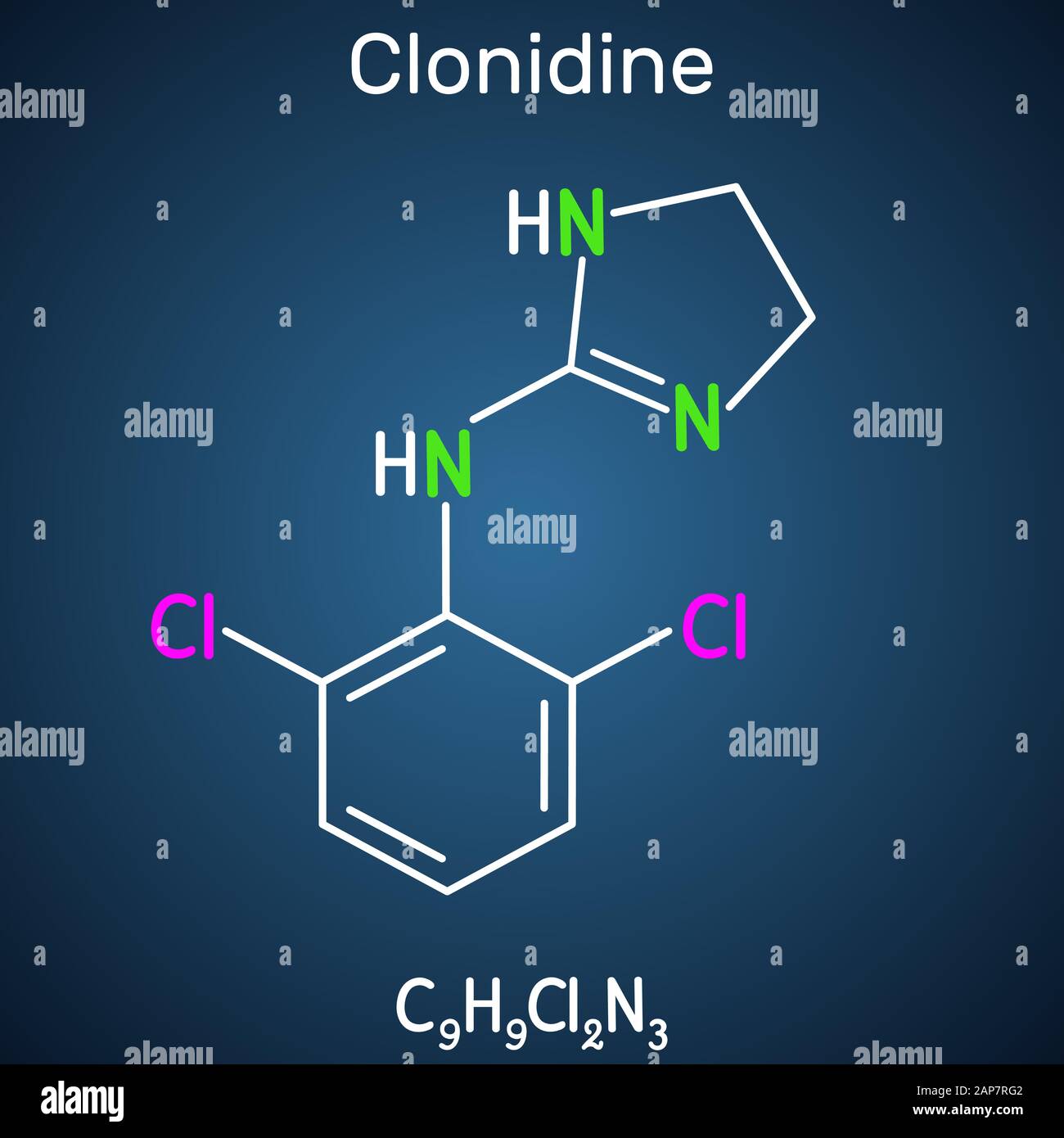 Clonidin-Molekül. Es ist nützlich für die Behandlung von Bluthochdruck, starken Schmerzen und ADHS. Strukturelle chemische Formel auf dem dunkelblauen Hintergrund. Ve Stock Vektor