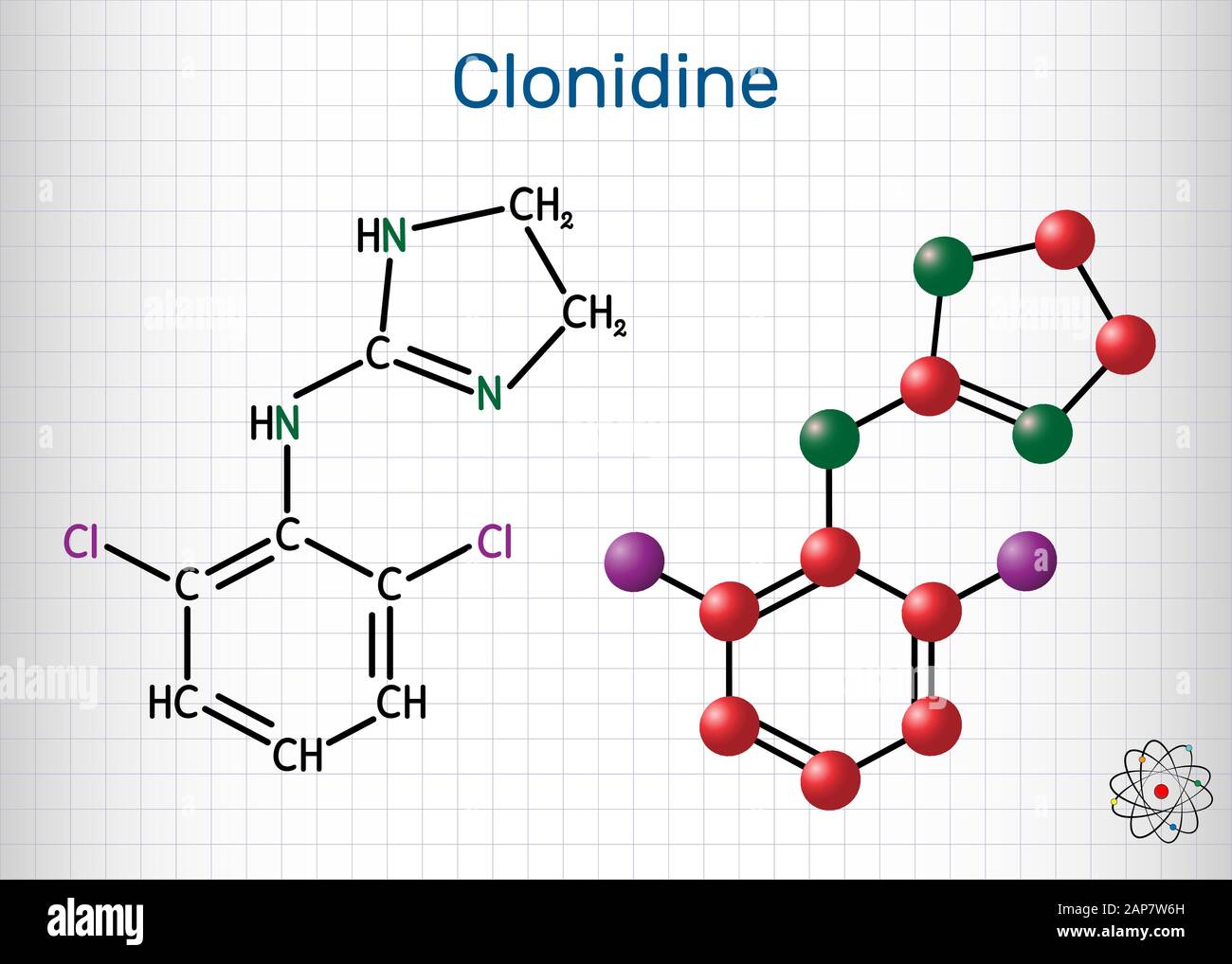 Clonidin-Molekül. Es ist nützlich für die Behandlung von Bluthochdruck, starken Schmerzen und ADHS. Blatt Papier in einem Käfig. Strukturelle chemische Formel und m Stock Vektor