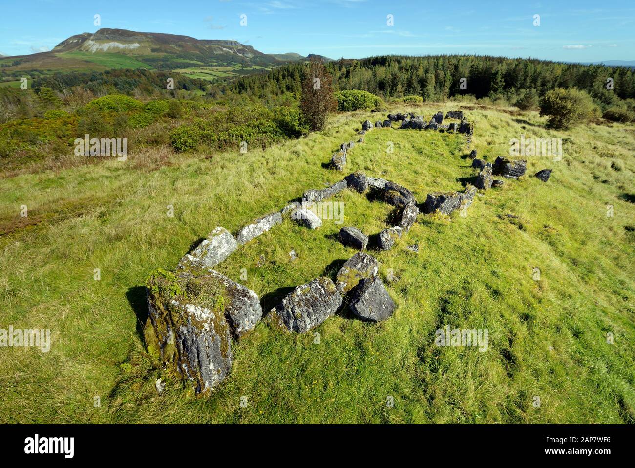 Deerpark Court Tomb neolithische Grabstätte alias Magherahanrush. N. E. von Colgagh Lough, Sligo, Irland. Grabkammern entweder am Ende des zentralen ovalen Gerichts Stockfoto