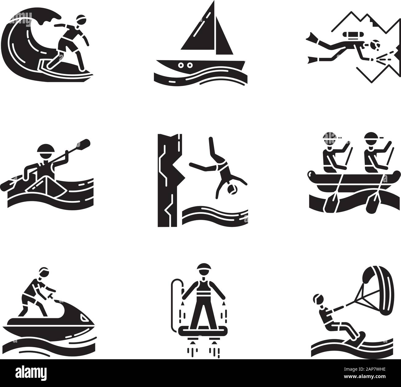 Wassersport Glyphe Symbole gesetzt. Silhouettensymbole. Höhlentauchen, Surfen, Flyboarding und Segeln. Klippen tauchen, Kajak fahren und Windsurfen. Extreme Arten Stock Vektor