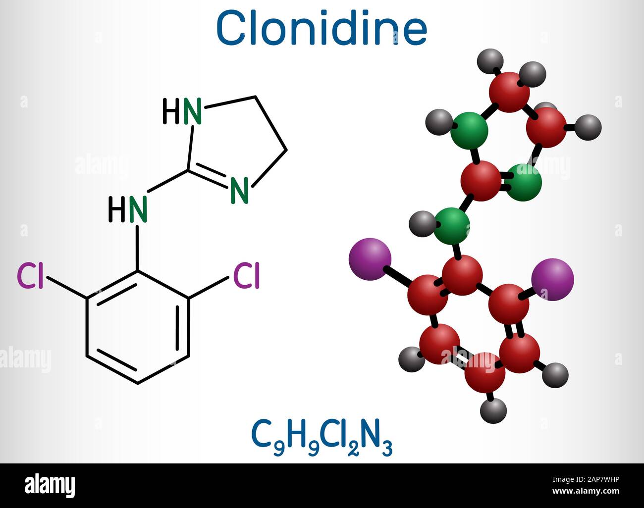 Clonidin-Molekül. Es ist nützlich für die Behandlung von Bluthochdruck, starken Schmerzen und ADHS. Strukturelle chemische Formel und Molekularmodell. Vektor illu Stock Vektor