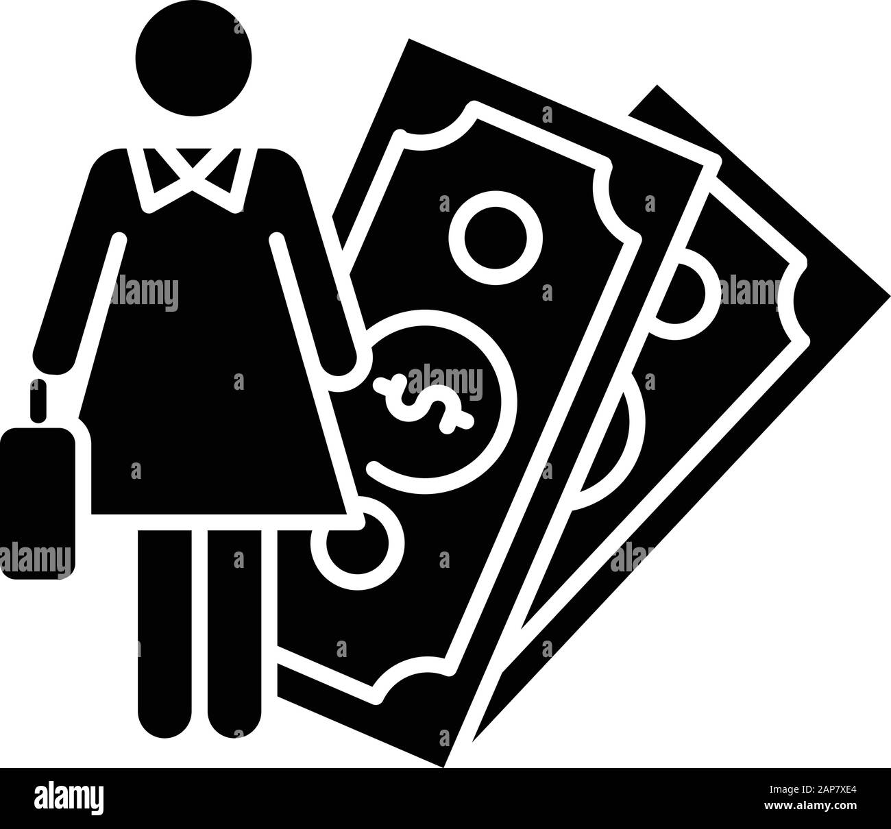 Symbol für weibliche Wirtschaftsglyphe. Rechte der Frau, Gleichstellung der Geschlechter. Weibliche Finanzkarriere. Geschäftsfrau. Kapital, Geld. Feminismus, Demokratie. Silhouetten-Symbol Stock Vektor