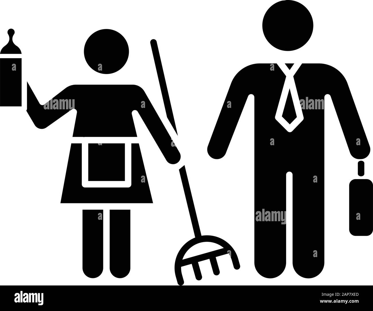 Symbol für Geschlechterstereotypen. Weibliches und männliches häusliches Leben. Frau, Mann Menschenrechte. Gemeinsame familiäre Verantwortlichkeiten. Houswife, Arbeiter. Silhouette sy Stock Vektor