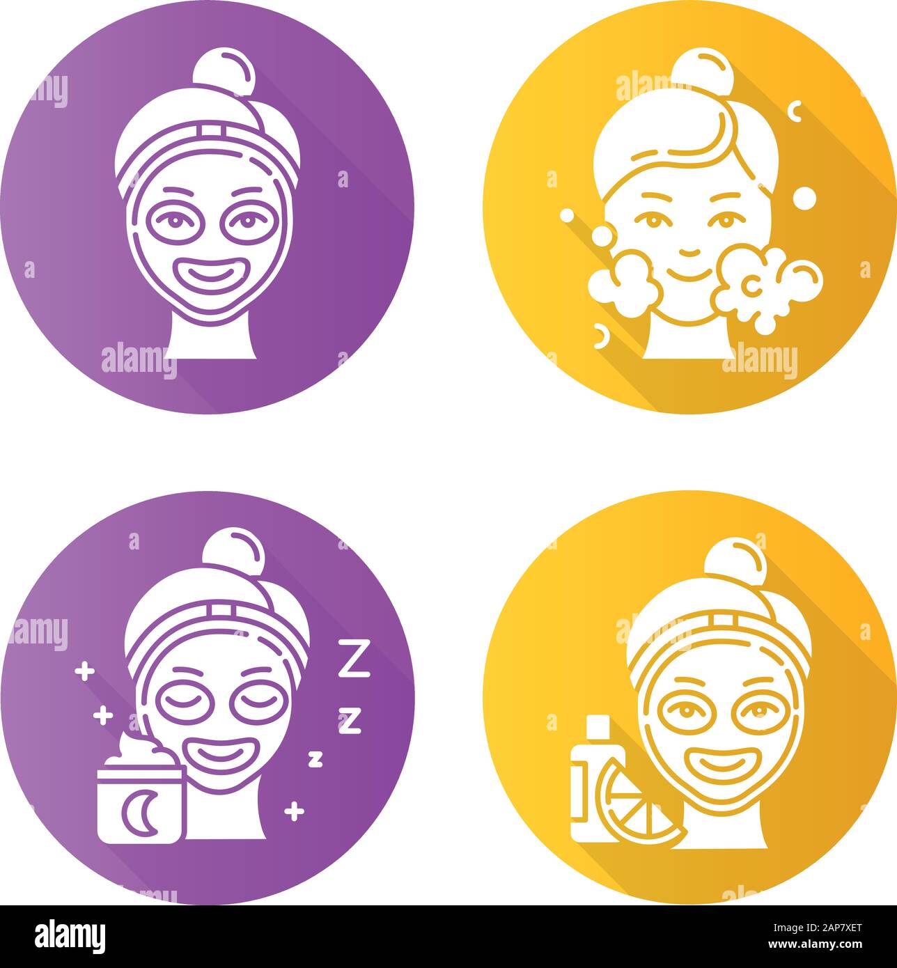 Hautpflege Verfahren flaches Design lange Schatten Glyphe Symbole gesetzt. Nachtprogramm. Vitamin-C-Creme für die Schönheitsbehandlung im Gesicht. Verwenden von sauberem Wasser. M Stock Vektor