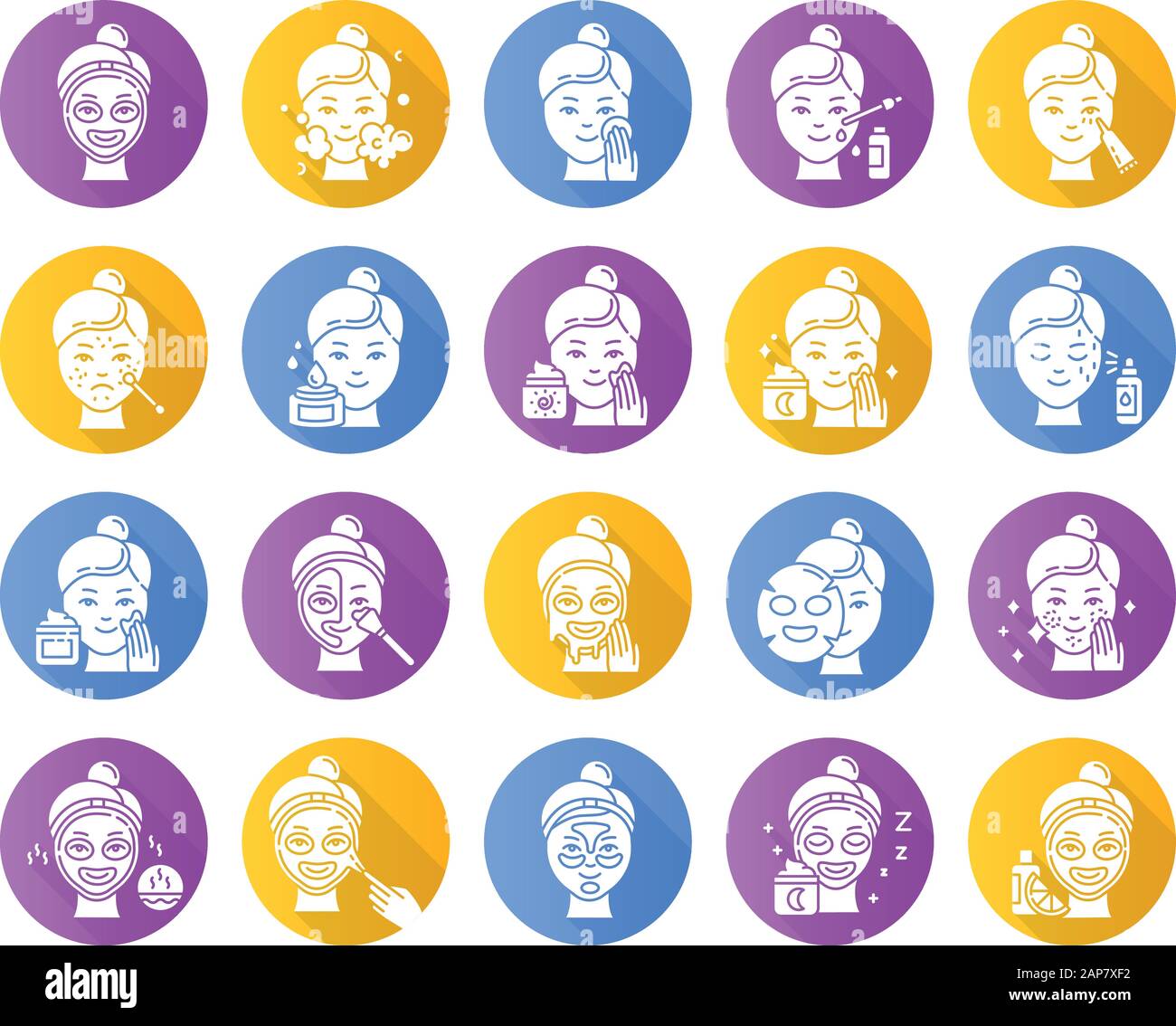 Hautpflege Verfahren flaches Design lange Schatten Glyphe Symbole gesetzt. Gesichtscreme verwenden. Flüssigkeit, Blech, Abziehmaske. Nachtprogramm. Punktbehandlung. Vita Stock Vektor