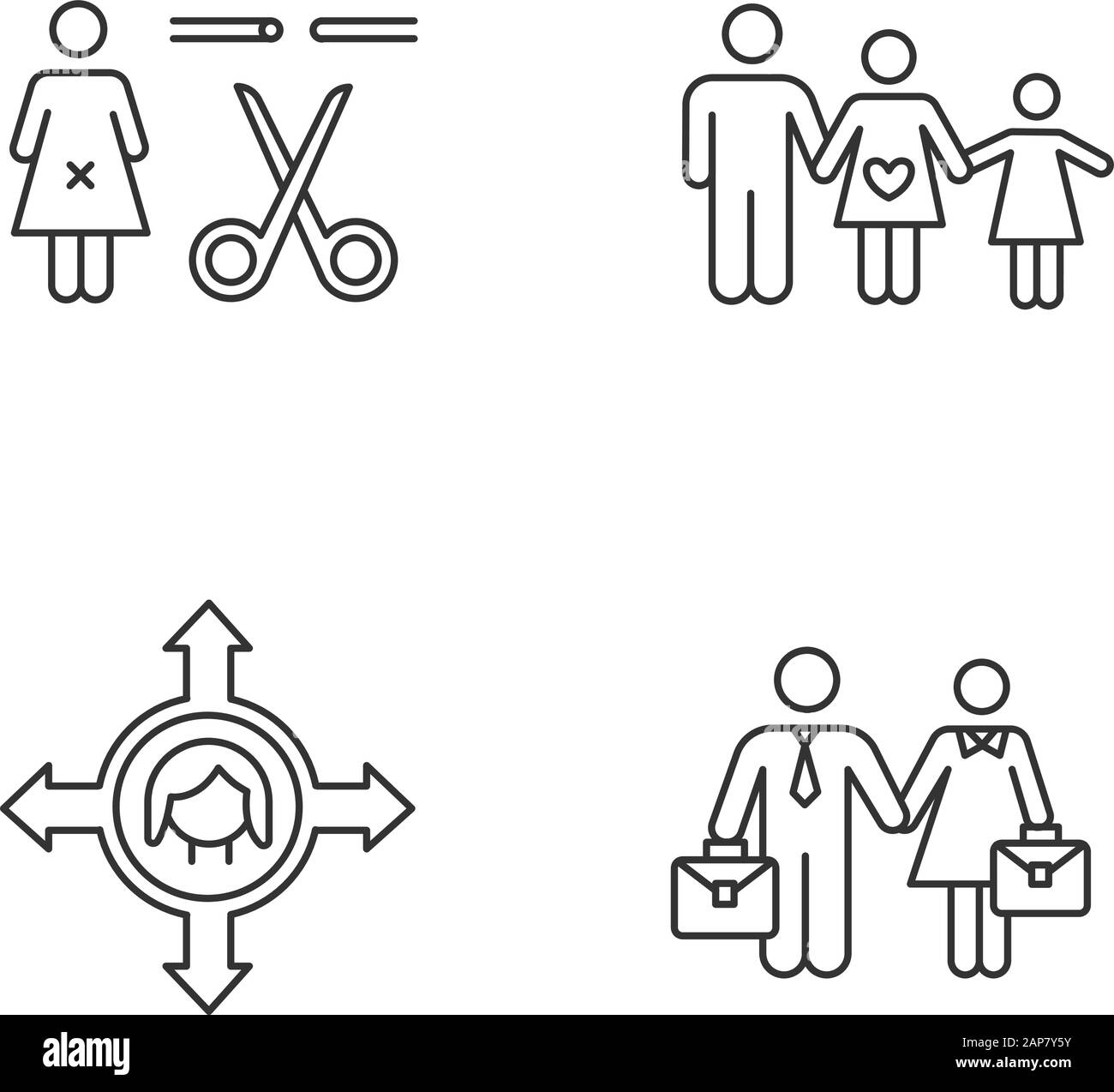 Lineare Symbole für Gleichberechtigung festgelegt. Zwangssterilisation. Die Bewegungsfreiheit der Frau. Beschäftigung. Familienplanung. Kontursymbole mit dünnen Linien. Isoliert Stock Vektor