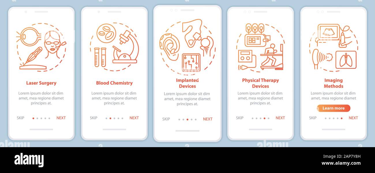 Vektorvorlage für den Bildschirm "Biomedizinische Technik beim Einsteigen in mobile Anwendungen". Laserchirurgie. Schritte der Website mit linearen Abbildungen durchgehen. Blutch Stock Vektor