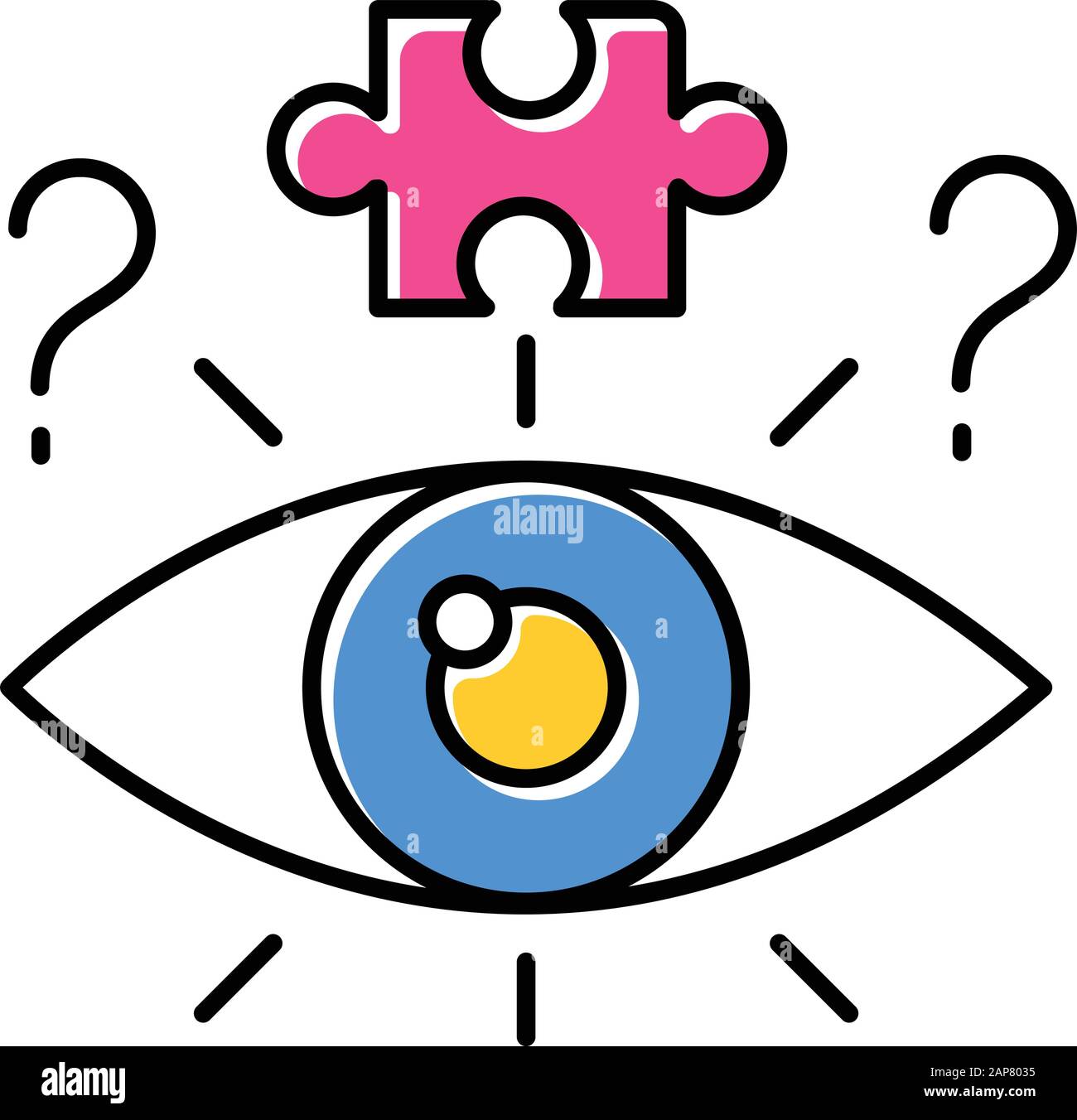 Symbol für die Prozessfarbe "Rätsel lösen". Mentale Bewegung. Puzzle. Herausforderung, Rätsel, Frage. Einfallsreichtum, Wissen, Intelligenztest. Hirn-Teaser Stock Vektor