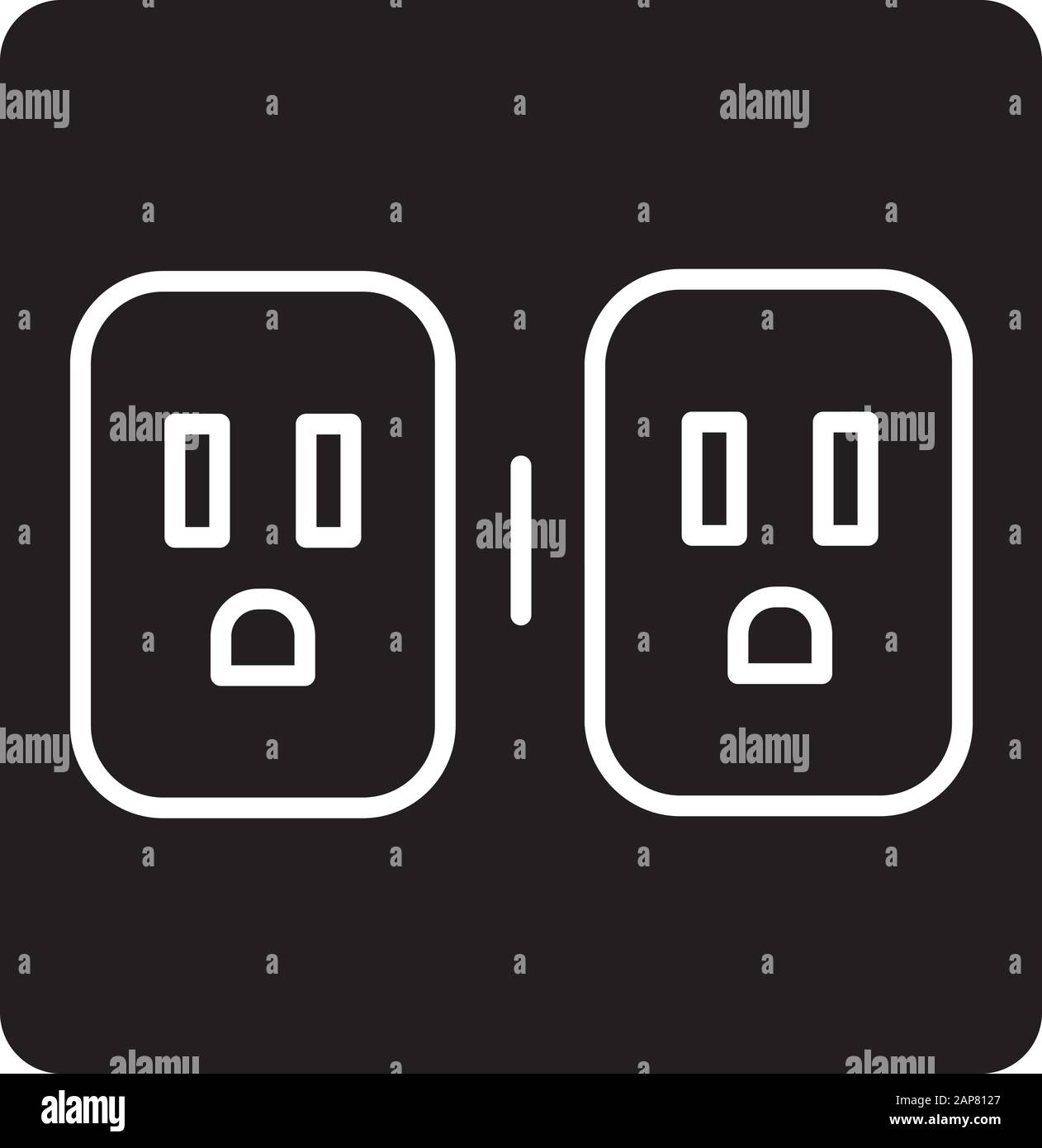 Symbol für Ladeanschlüsse. Zwei Wandsoketen. Elektrische Steckverbinder. Leistungspunkte. Elektrisierter Raum. Ausstattung der Apartments. Silhouettensymbol. Negativ Stock Vektor