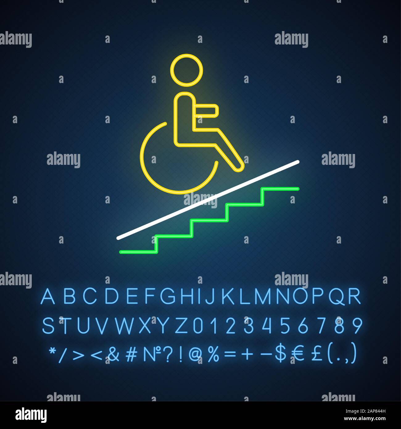 Symbol für die Neonbeleuchtung für Rollstuhlfahrer. Behindertengerecht. Einrichtungen für Behinderte. Rollstuhlrampenschild. Leuchtendes Zeichen mit Alphabet, n Stock Vektor